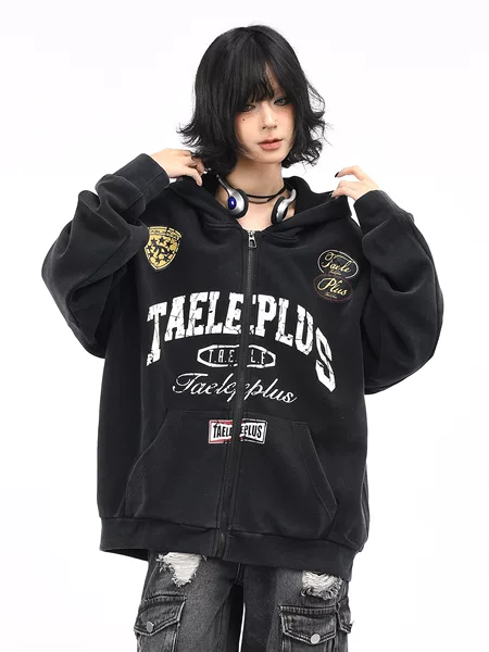American retro letter print hooded zip-up sweatshirt for men and women, new autumn style, loose and versatile casual jacket