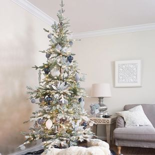 Artificial Fir Tree with Flocking Snowflakes, Pe Material, Layered Design, Warm White Lights, for Home and Hotel Holiday Decoration