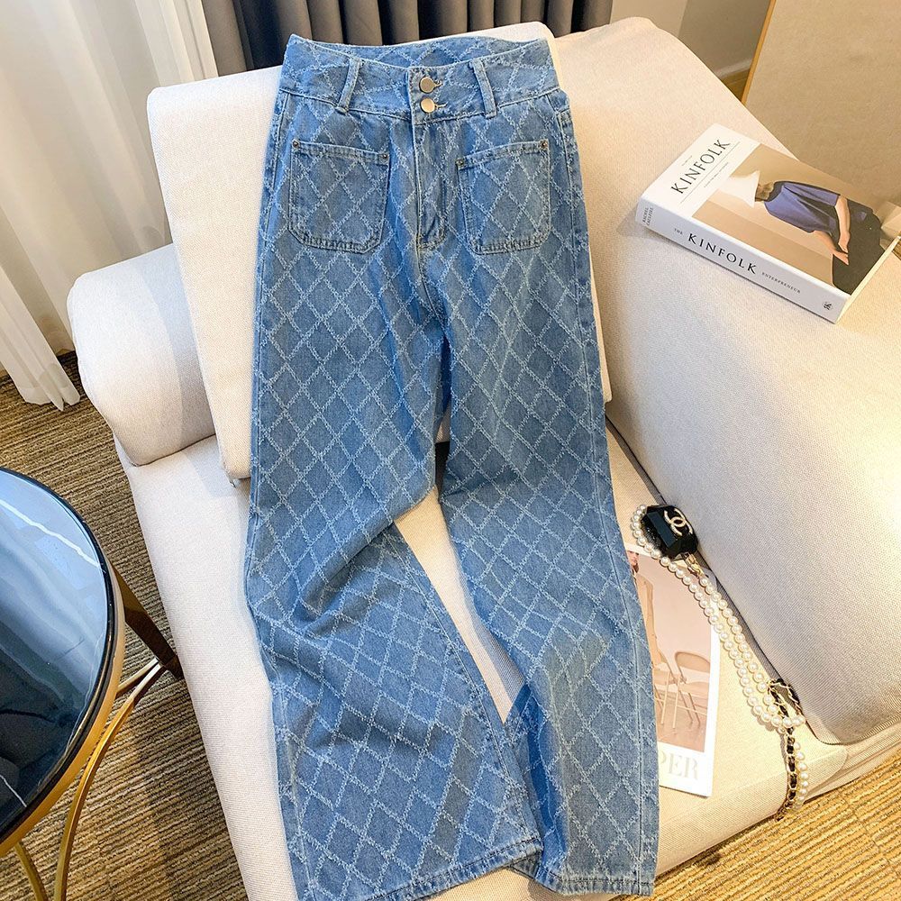 490g Weight Full Length Pants Length Polyester, Denim Cotton Fabric Type High Waist Waist Line Jeans, Straight Pants Pants Type Inelastic Elasticity Holiday, Daily Occasion Loose Fit Type Argyle Pattern Spring, Autumn Season Women's Gender Pocket Design Casual, Streetwear Style Women's Holiday Daily Casual Streetwear Argyle Full Length Pocket Jeans Straight Pants 9