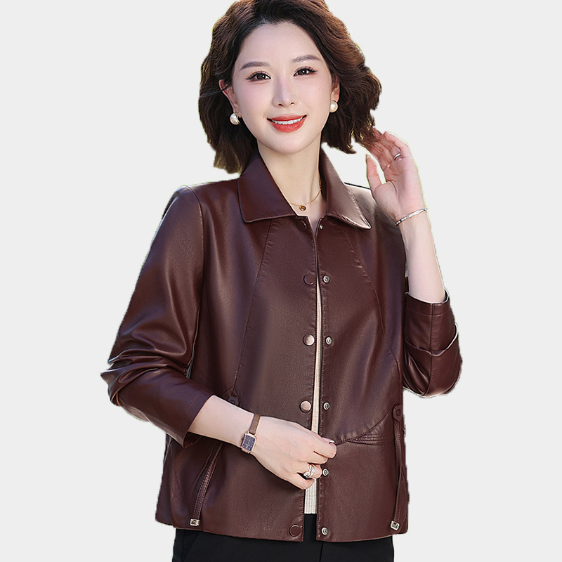 Trendy Autumn Jacket for Middle-Aged Women, Stylish Pu Leather Jacket for Middle-Aged and Elderly Women, Fashionable Short Jacket for Spring and Autumn