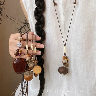 Woody top note, Chinese style long wax rope acorn pendant necklace, new Chinese Zen design sweater chain accessories