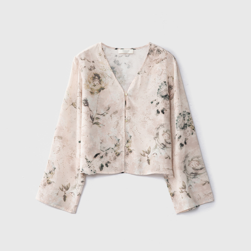 Silk Crepe De Chine V Neck Cardigan 100 Mulberry Silk Printed Summer Sun Protection Clothing Loose V Neck Jacket Top