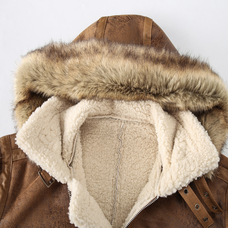 boy Men's Fleece-Lined Sheepskin Thickened Plus Size Leather Coat Warm Motorcycle Hooded Retro Export Jacket European And_voghion.com