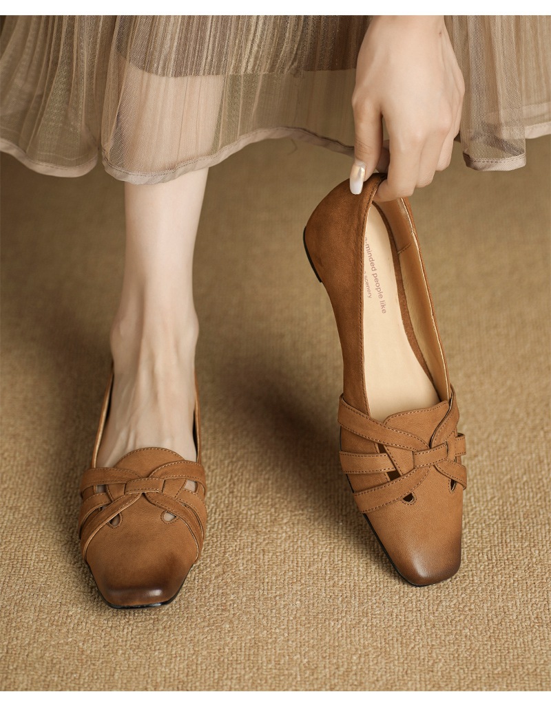 Giày ballet nữ mũi vuông da cừu đế bệt quai mảnh phong cách cổ điển — màu nâu chi tiết 11