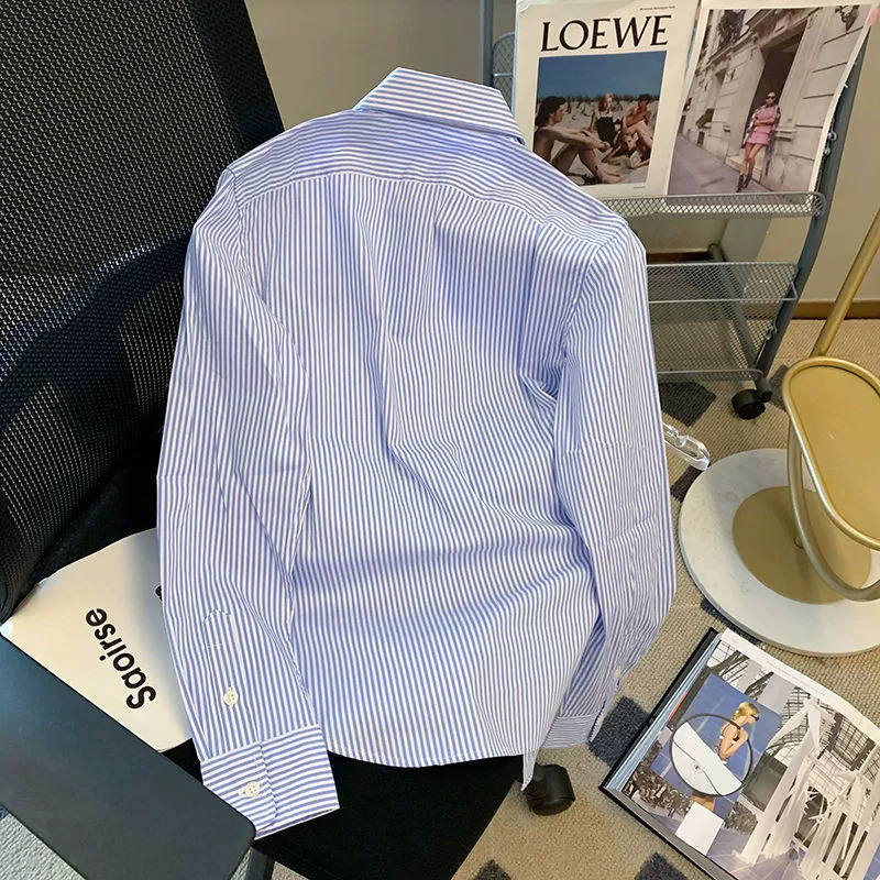 Полосатый воротник polo чувство дизайна нишевые рубашки женская весна и осень новая милая маленькая девочка с длинными рукавами рубашка топ