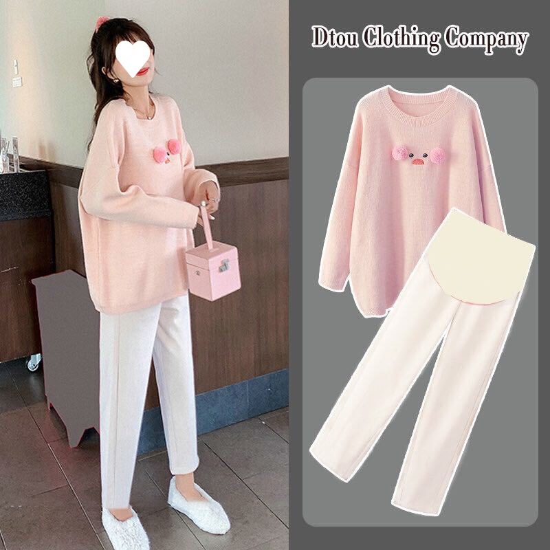 妊婦春服セット早秋外出ファッションセーター2025秋冬服上着潮母ジーンズ2点セット|undefined