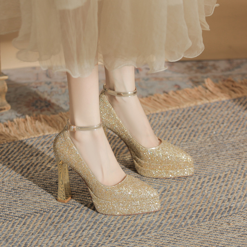 Jin Gang M11513 Chunky Heeled Mary Jane Women's Shoes 2025 New Spring and Autumn High Heeled Platform Bridal Shoes Wedding Shoes