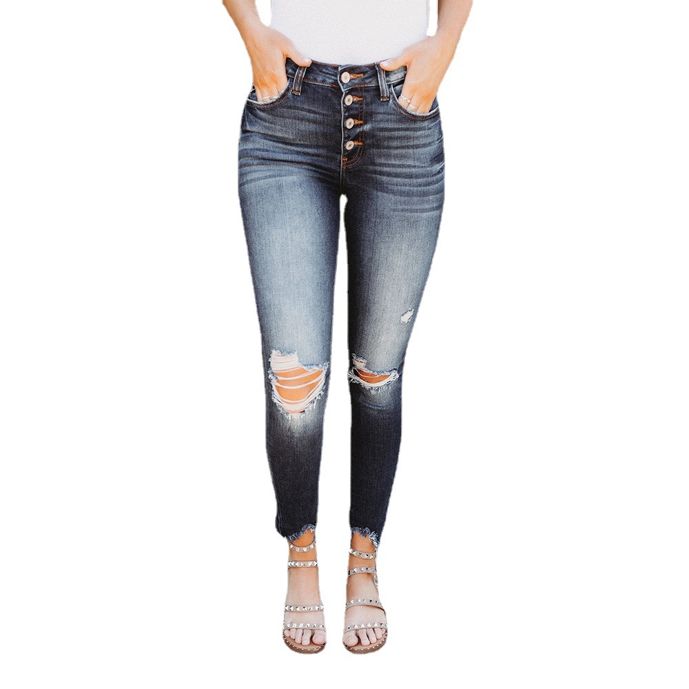 Women's high elastic ripped button slim mid-rise jeans trousers