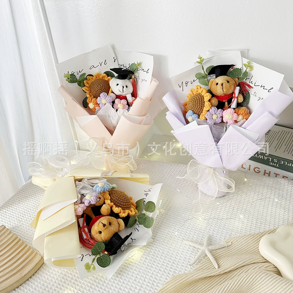 Победа в первом призе за один раз, букет медведя на выпускной с подсолнухом, подарок на выпускной из шерсти ручной вязки, готовый подарок кукле