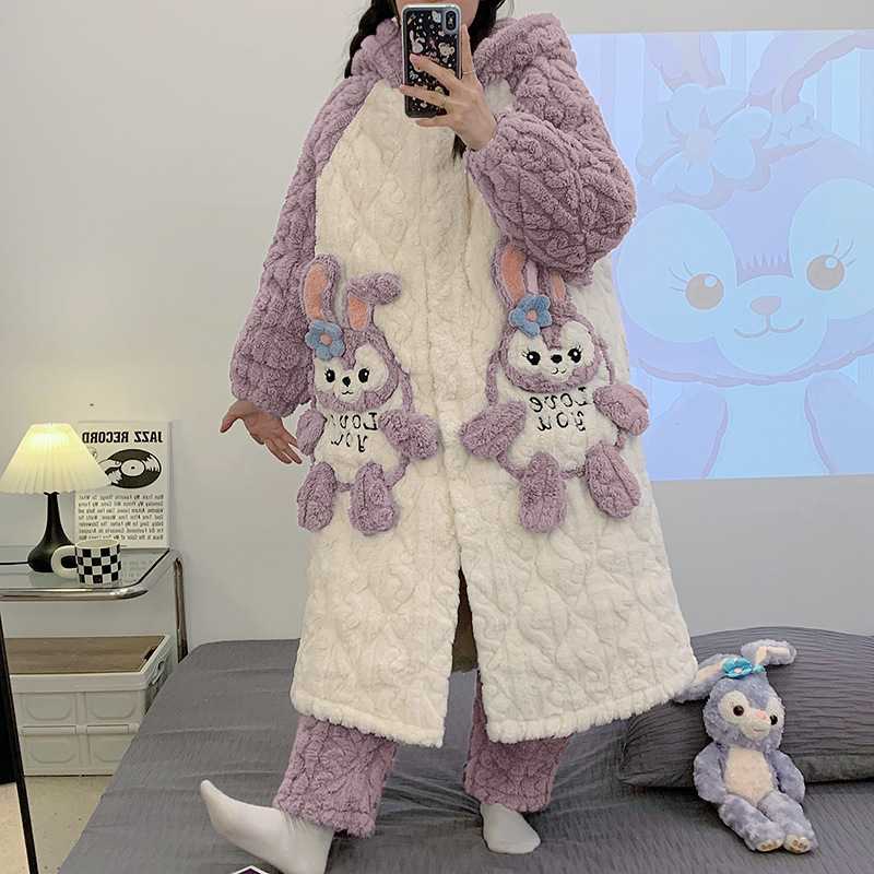 女睡衣冬季珊瑚絨三層夾棉加厚款保暖卡通中長款法蘭絨家居服套裝