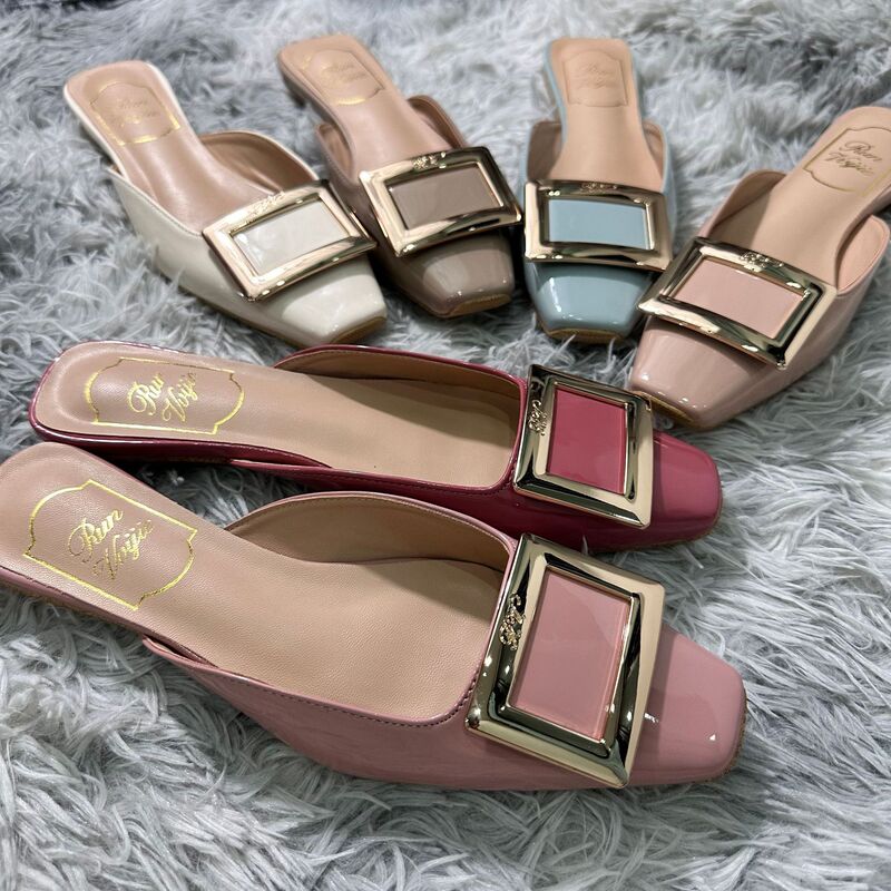 Lazy Slip-On Closed-Toe Half-Slippers for Women, Suitable for Outdoor Wear, 2025 New Model, Square Buckle, Square Toe, Casual Low-Heeled Women's Shoes, Comfortable