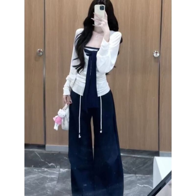 三件套女2025早秋辣妹v领薄款长袖罩衫条纹抹胸高腰显瘦休闲裤潮|undefined