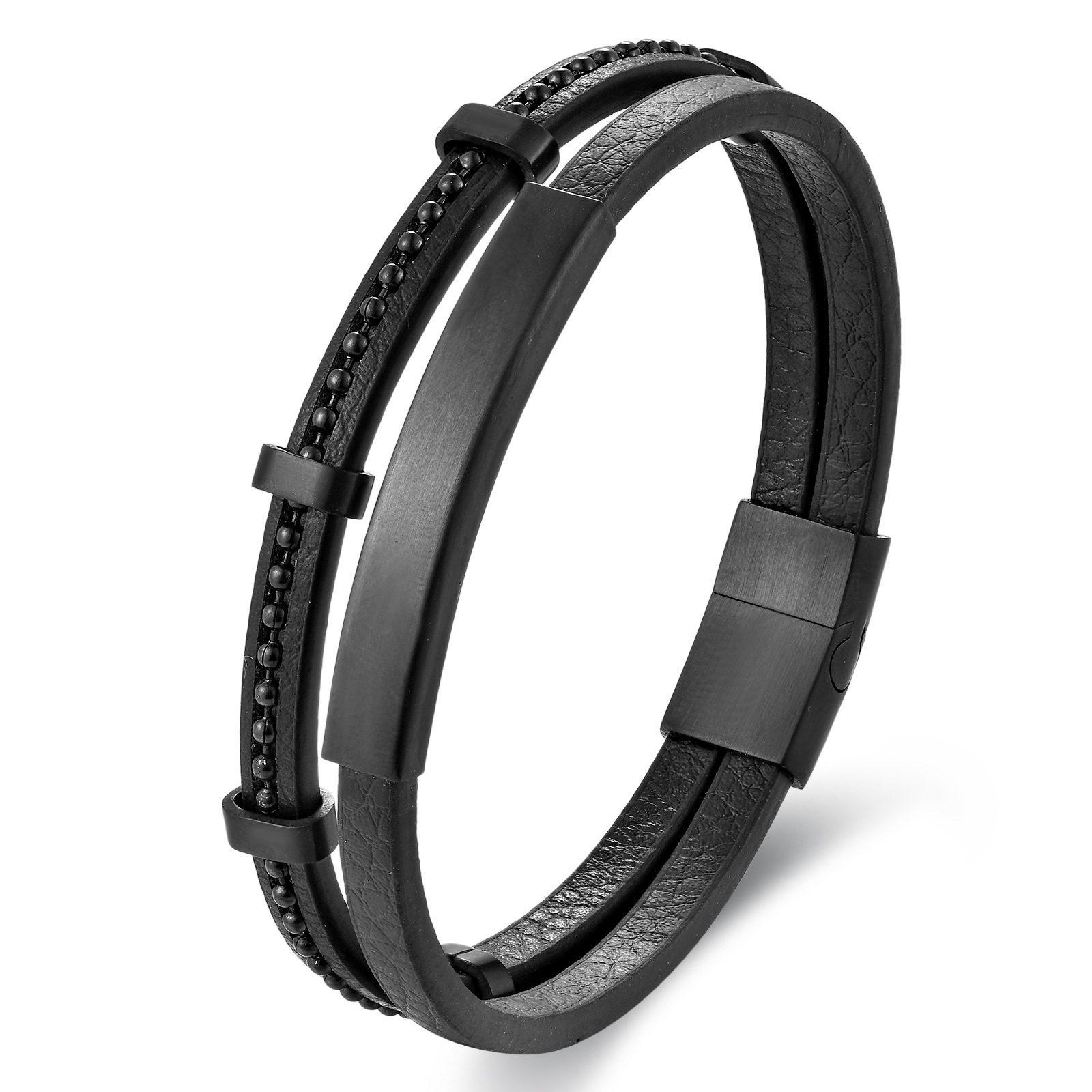 29g Weight Simple Style 316L Stainless Steel  Leather Solid Color Black Men Cord & Leather Bracelets