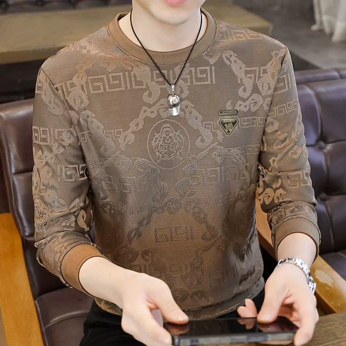 男士高档长袖T恤虎头时尚冬款圆领卫衣休闲潮流提花打底衫修身潮