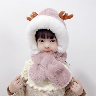 Winter Children's Hat and Scarf Integrated Thickened Warm Baby Cute Baby Antler Windproof Ear Protection Hat for Boys and Girls
