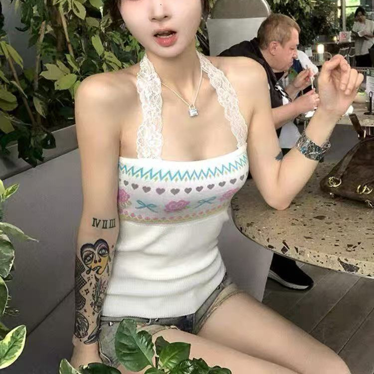 American-Style Spicy Lace Halter Neck Knitted Tube Top Camisole for Women, Summer Outerwear, Slim Fit, Short Sleeveless, Stunning Top