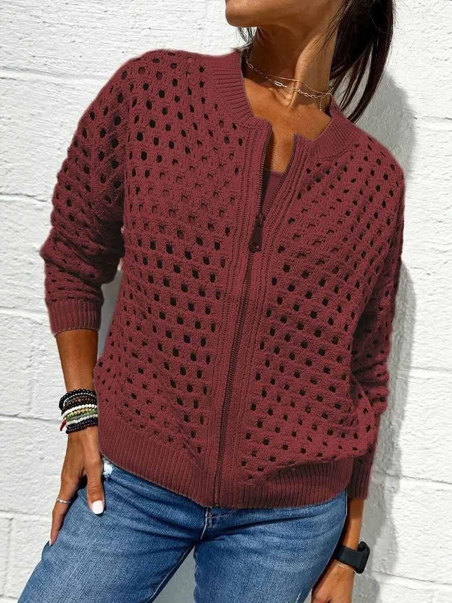2026 nueva estación independiente de Amazon Europa y Estados Unidos ropa de mujer casual jersey hueco chaqueta con cremallera de punto chaqueta de mujer