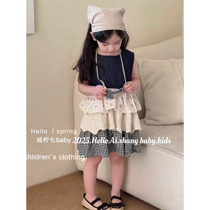 Jiao Yan primavera y verano coreano niñas dulce vestido de flores de mosaico ropa infantil coreana chaleco de encaje para niños