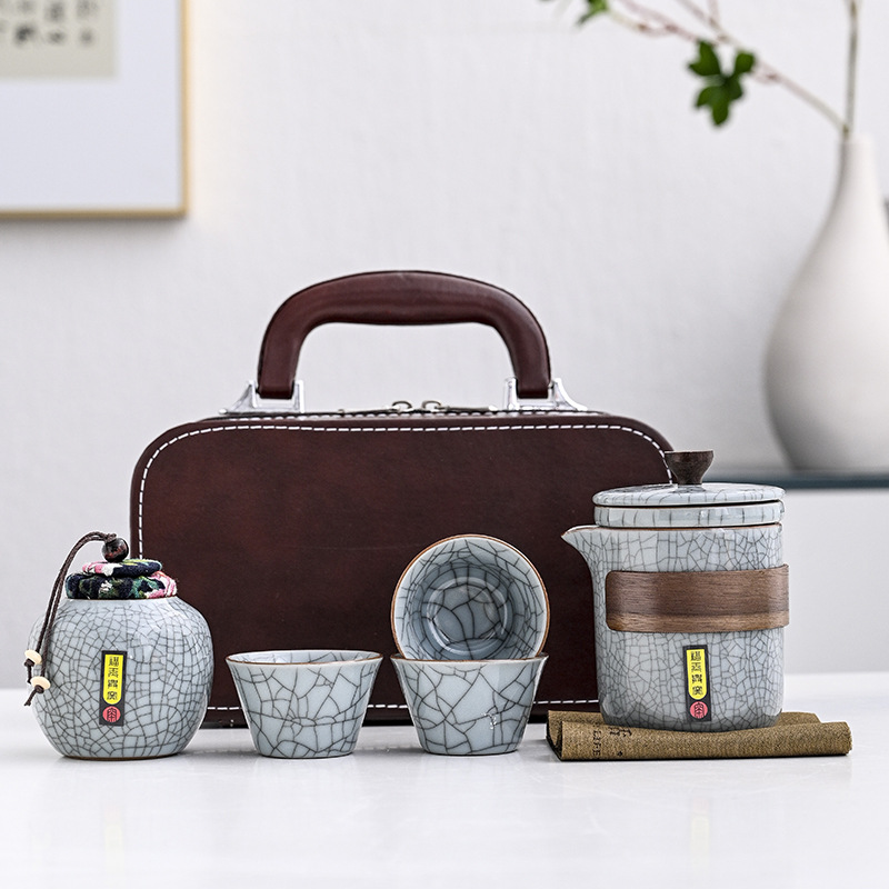 444Z批發旅行茶具套裝便攜式收納包快客杯一壺三杯傳世哥窯汝窯泡