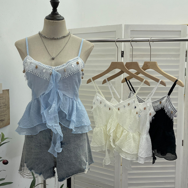 Real Shot of Bohemian Vacation Camisole Women's Ruffled Tassel Lace Splicing Short Sleeveless Top 9592