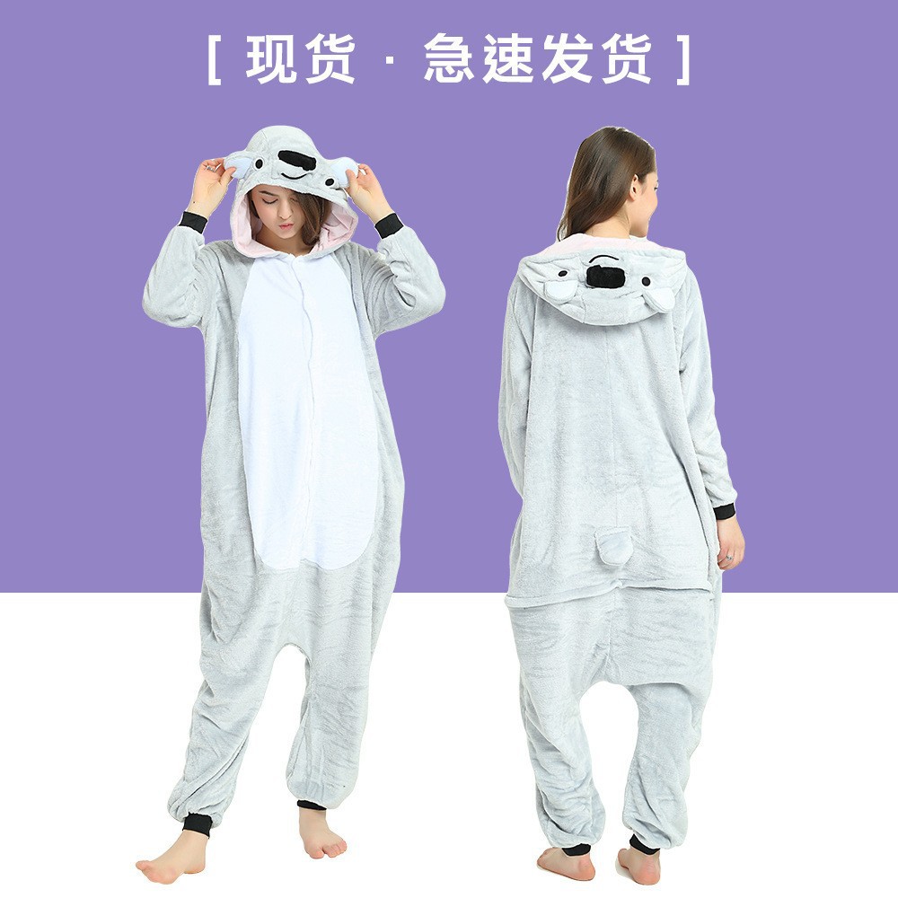 混批秋冬季法兰绒成人卡通连体动物睡衣灰考拉家居服如厕批发加厚