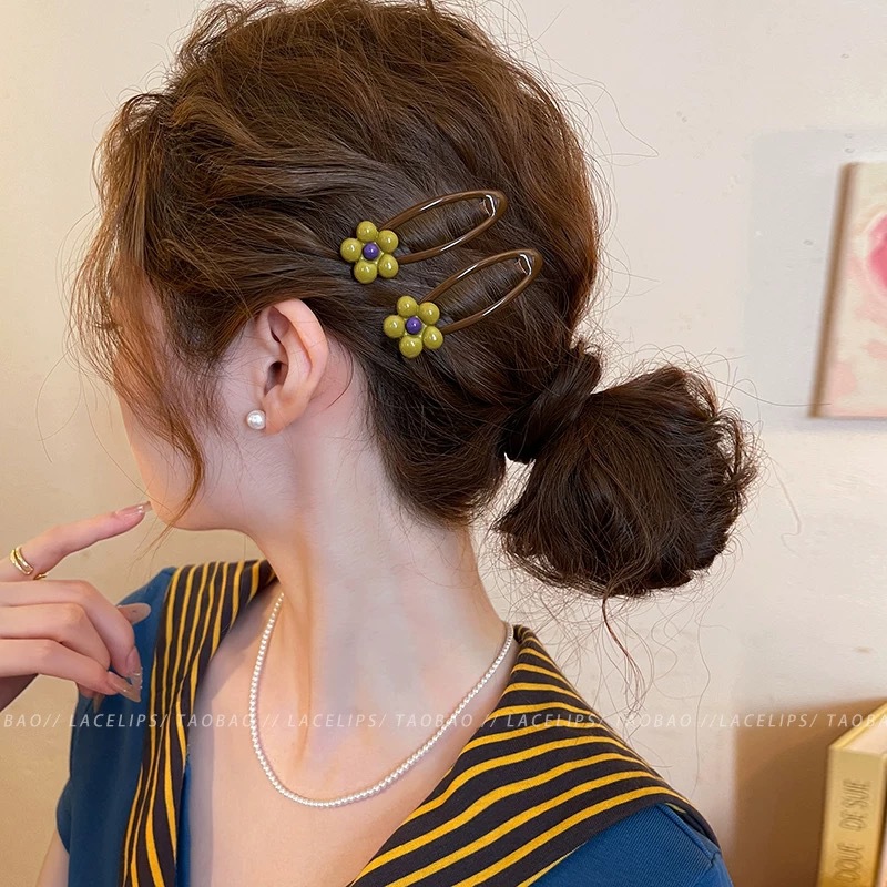 12# mustard green floral hollow-out oval side hair clip