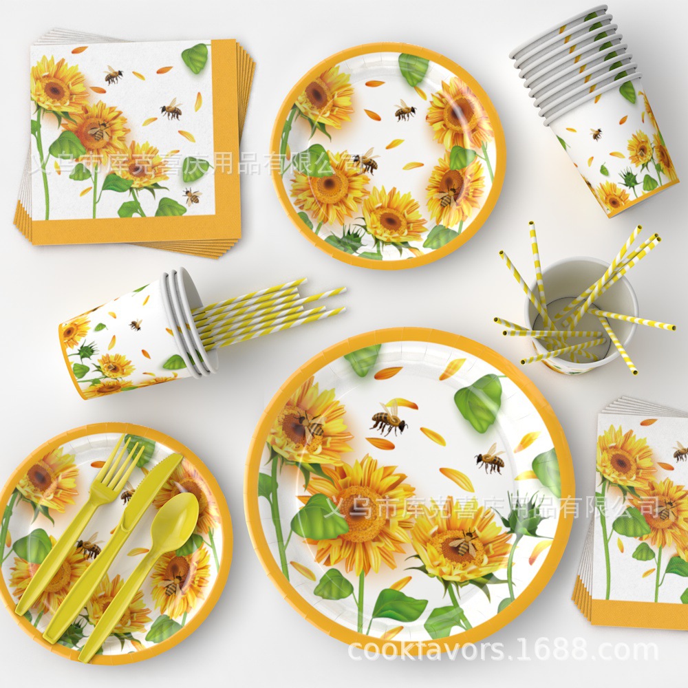Nuevo juego de platos de fiesta con tema de girasol de acuarela, cumpleaños para niños, bandeja de papel desechable, taza de papel, vajilla de toallas de papel