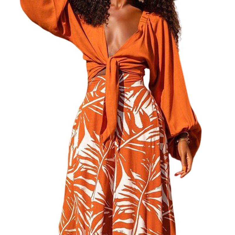 Women's Clothing new women's fashionable temperament printed pants V neck top long sleeved two piece set_voghion.com
