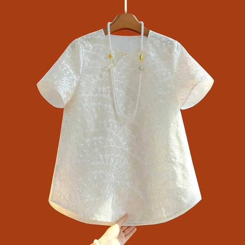 白い新しい中国風のラウンドネック半袖シャツ女性のための夏の新しいレトロなボタン重工業刺繍中国風のトップシャツ|undefined