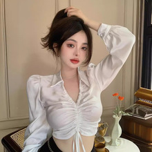 东南亚跨境货源 设计感POLO领长袖衬衫泡泡袖抽绳翻领衬衣上衣女