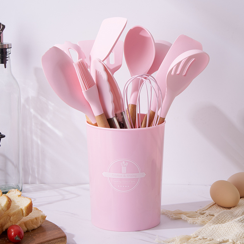 Amazon Non-stick Pan Storage Bucket Wood Handle Silicone Kitchen Utensil 12-Piece Set Silicone Kitchen Tools Spatula Spoon Set