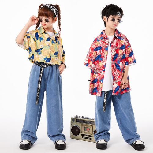 Street dance children's trendy clothing boys hip-hop hiphop retro Hong Kong style shirt suit girls drum performance clothing summer