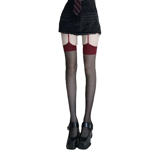 One-piece red-edge suspender black stockings in bold red-and-black contrast—sexy, edgy bottoming socks that exude sizzling allure with their long, luscious black design.