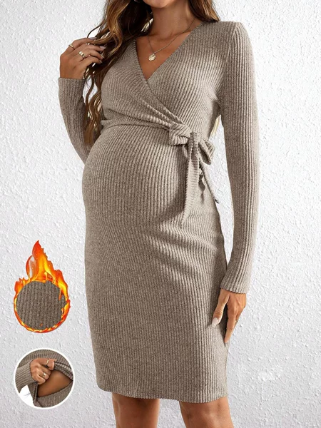 European and American Maternity Wear Amazon Cross-Border 2025 Autumn and Winter V-Neck Long-Sleeved Hip-Hugging Skirt Knitted Nursing Tie-Up Dress
