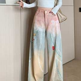 美式高街多巴胺印花牛仔裤女甜美水洗休闲高腰宽松显瘦直筒阔腿裤