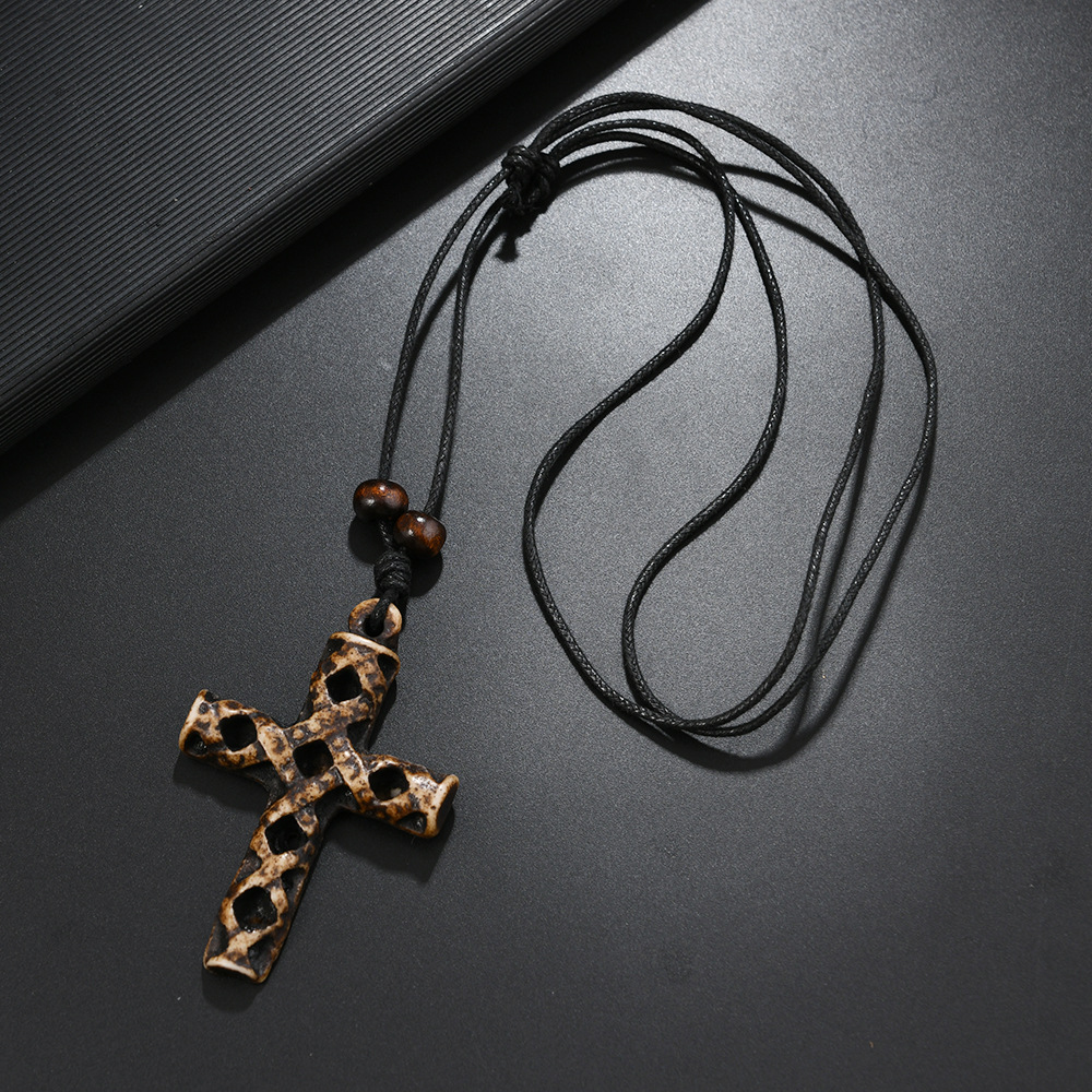 New Personalized Resin Cross Shape Ethnic Style Black Wax Thread Men's Jewelry Necklace_voghion.com