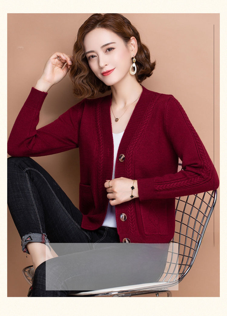 Women's V-neck Cardigan Solid Colour Long-sleeved Sweater Coat_voghion.com