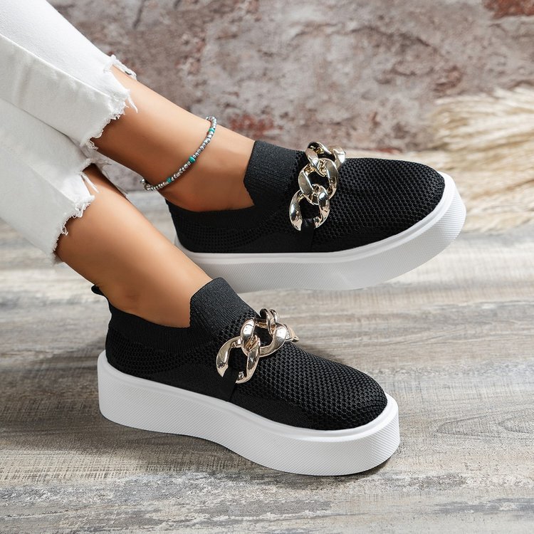 European and American Export Thick-Soled Fly-Knit Breathable Low-Top Flats for Women Cross-Border Chain Decorative Slip-On Lazy Loafers Wish