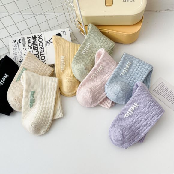 HELLO HELLO Socks Women's Spring and Summer Mid-tube Embroidered Macaron Color Japanese and Korean Hot Stamping Cotton Socks