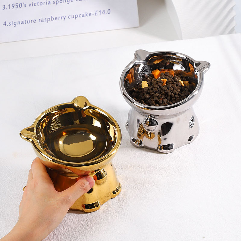 Ceramic pet cat bowl food basin water bowl cat anti -fighting cat food drinking water rice bowl high -footed neck oblique cat food 2