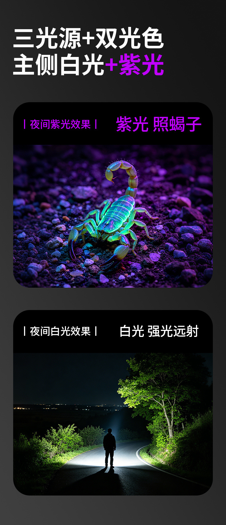 New Model Scorpion Lamp 365Nm Purple Light Portable Lamp Outdoor Searchlight Rechargeable Long-Lasting Lighting Flashlight