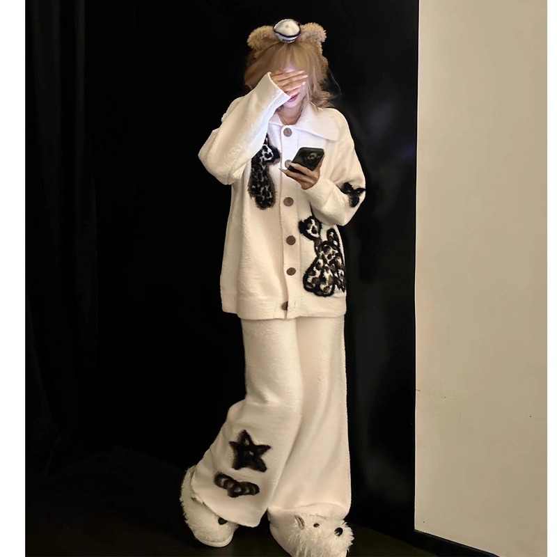 韩版黑白百搭半边绒睡衣套装女秋冬2025年新款冬天加绒加厚家居服|undefined