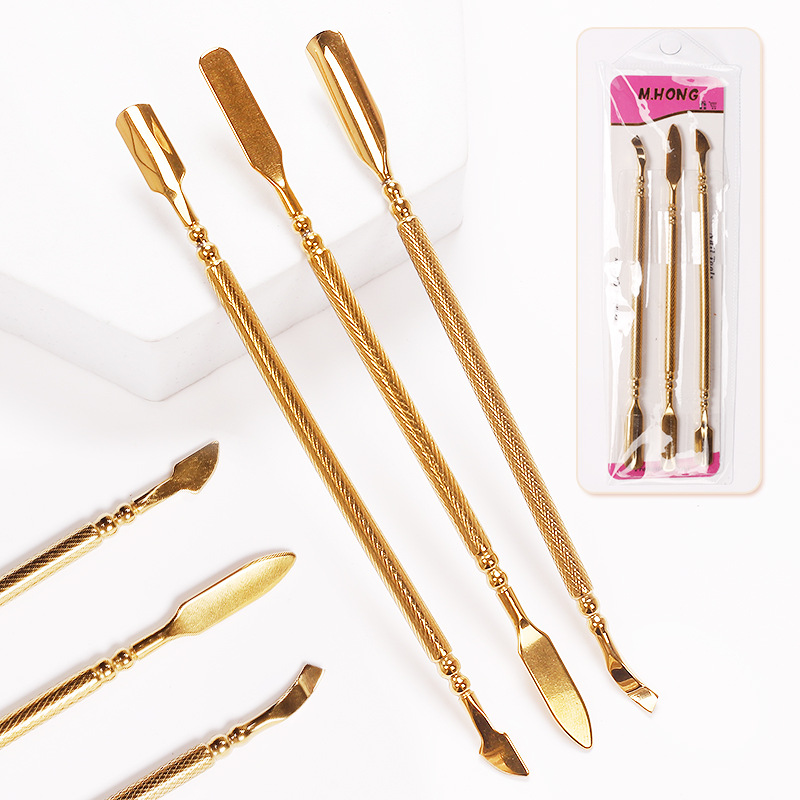 Herramientas de uñas transfronterizas empuje de acero inoxidable traje de 3 piezas de doble cabeza tamaño pequeño empuje de acero grande removedor de esmalte de uñas pegamento empuje de piel muerta