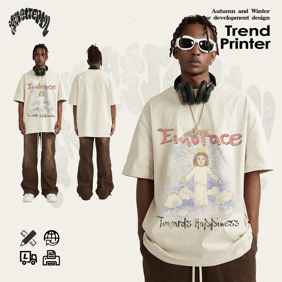 2025 primavera nueva marca de moda callejera retro inns lavado ángel impresión cuello redondo suelto gran camiseta de manga corta para hombres