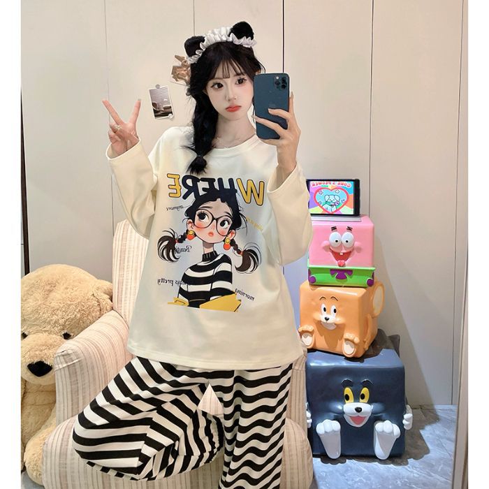 Al por mayor transfronterizo otoño nuevo pegamento de algodón de manga larga de cuello redondo pijama de mujer dibujos animados dulce ropa de estilo doméstico se puede usar