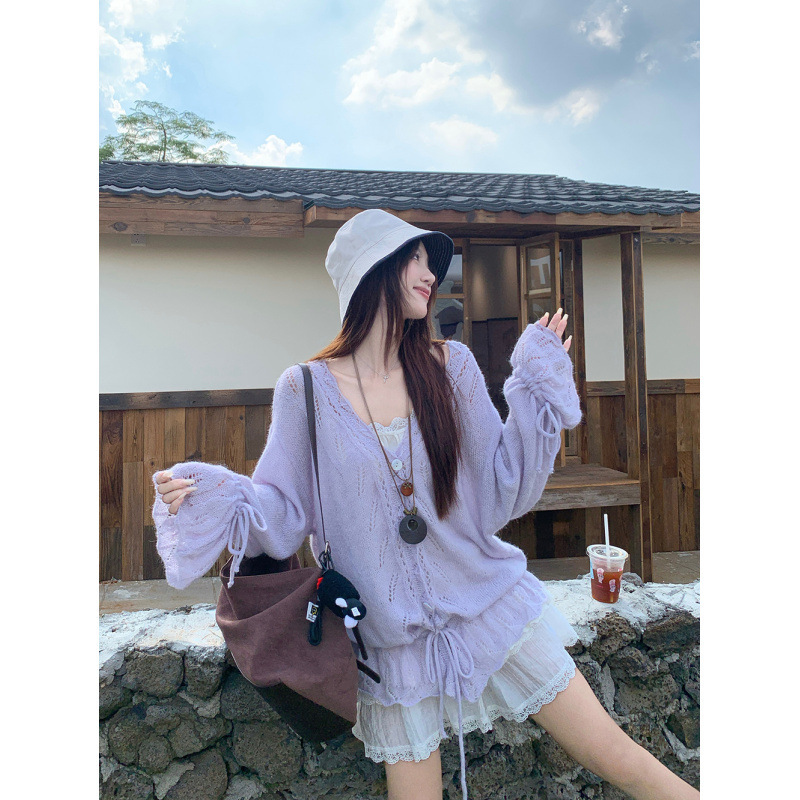 秋季新款温柔甜辣妹抽绳钩花毛衣+花边吊带上衣套装女|undefined
