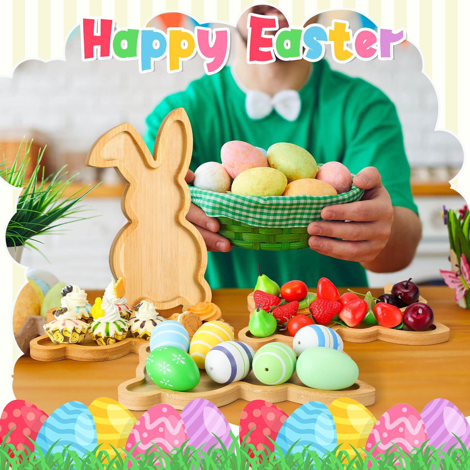 Bambú conejo forma de fruta bocadillo plato de comida de madera para bebés plato de decoración de fiesta de Pascua