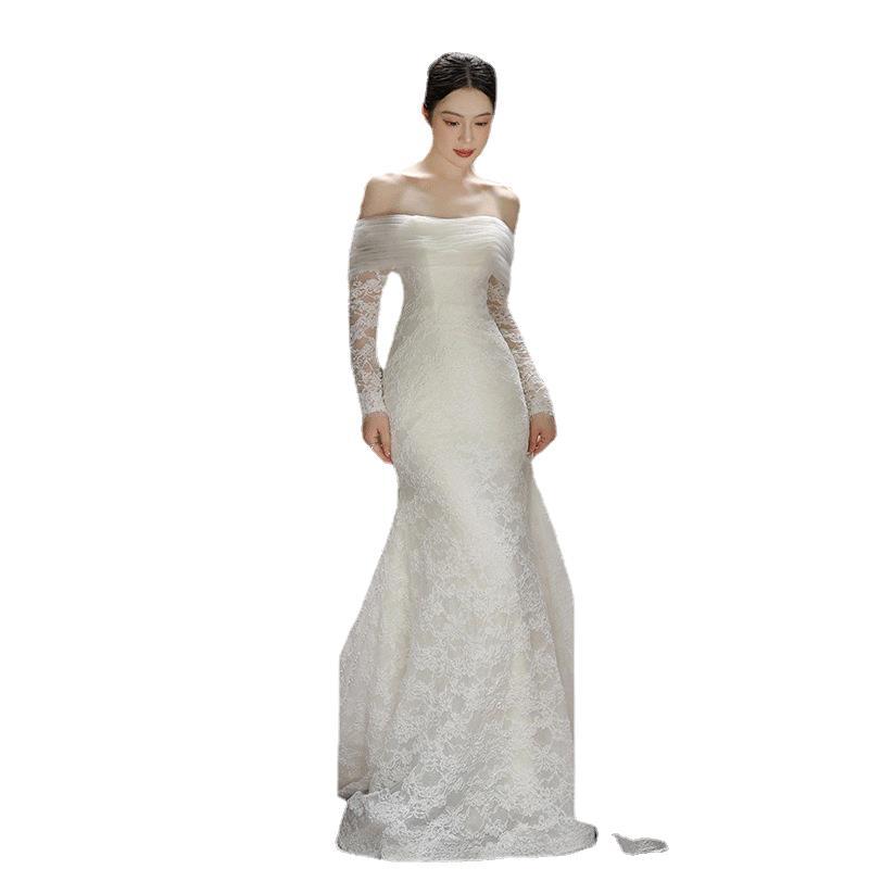 Women's Clothing lace long sleeved light wedding dress new bride one shoulder forest style out door yarn retro fishtail dress skirt_voghion.com