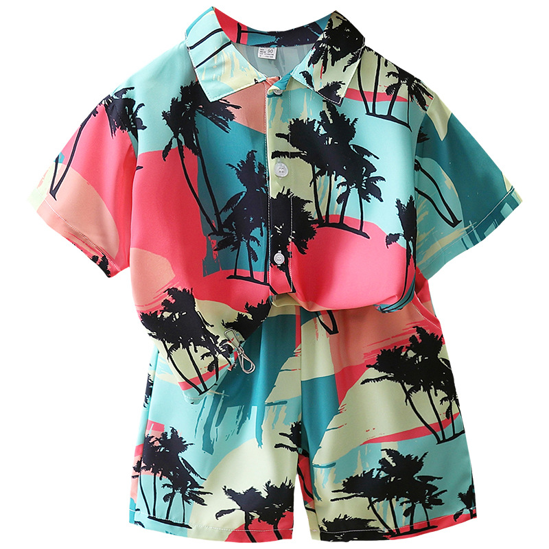 7218 Traje de verano para niños Camisa de flores de manga corta para niños Verano estilo de vacaciones junto al mar con traje de playa de dos piezas