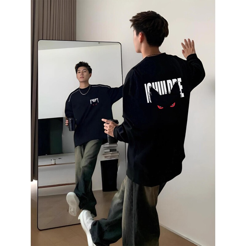 American Heavyweight Devil Print Long-Sleeved T-Shirt for Men in Autum Trendy Brand Hip-Hop Handsome Round Neck Sweatshirt with Bottoming Shirt